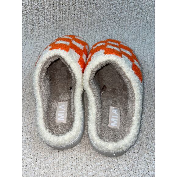 Mia Cozi Faux Fur Check Slide Slippers Women's Orange/Cream Size US7M EU38 - Picture 6 of 8